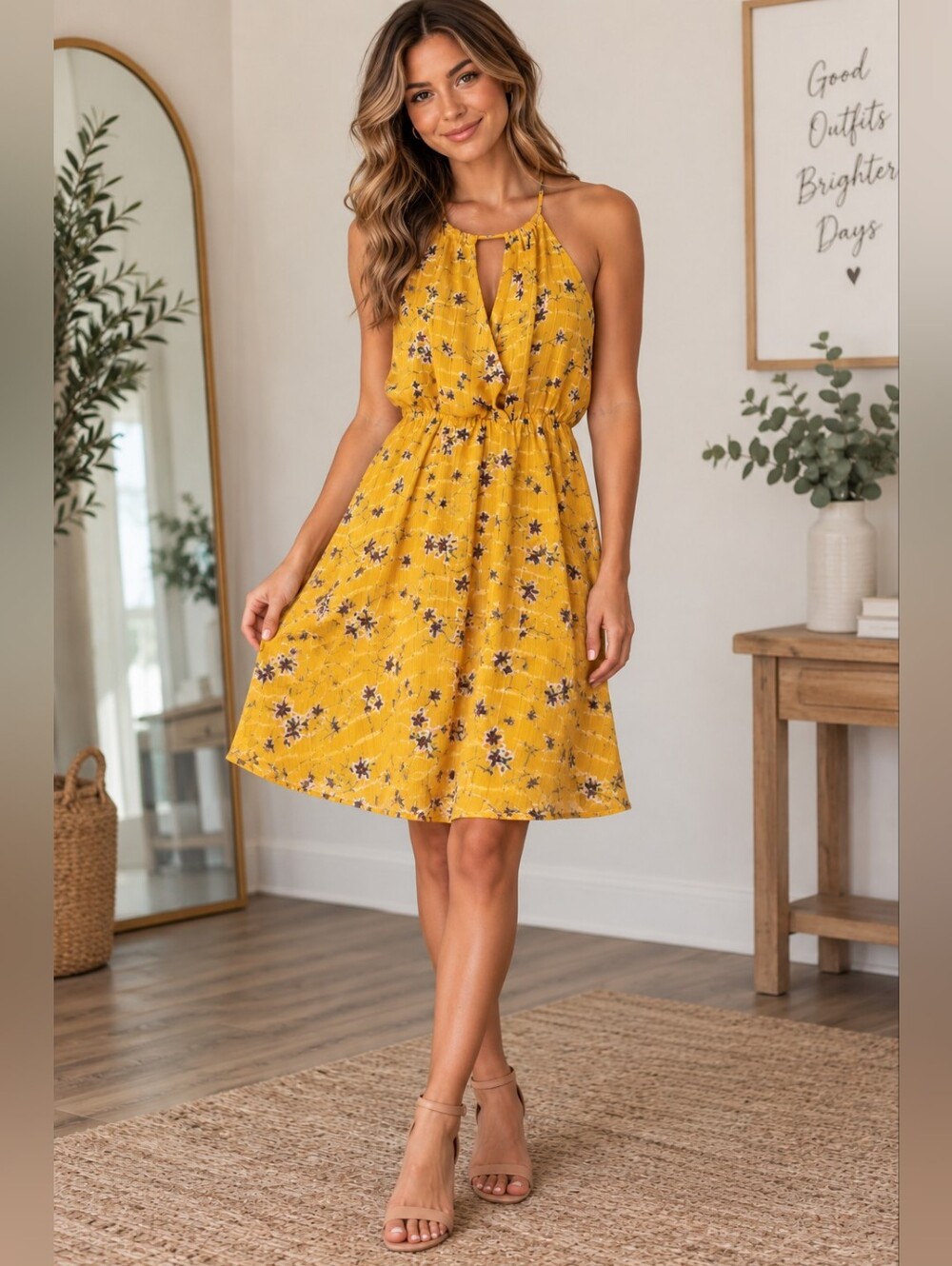 Collective Concepts Mustard Yellow Floral Halter Midi Dress Size Small Cottageco